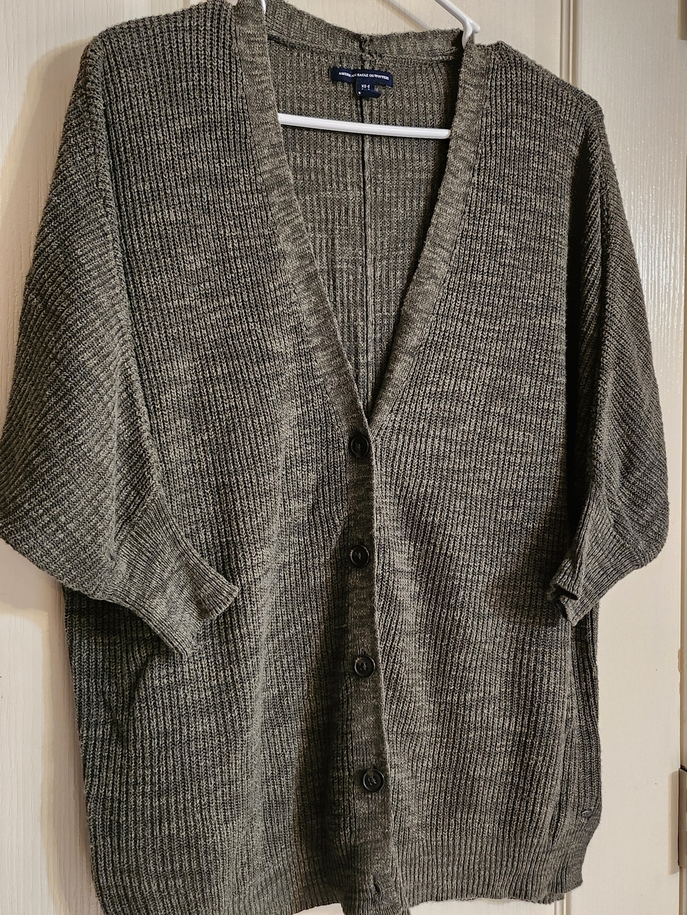 American Eagle Outfitters Olive-Grey Ribbed Button-Front Cardigan